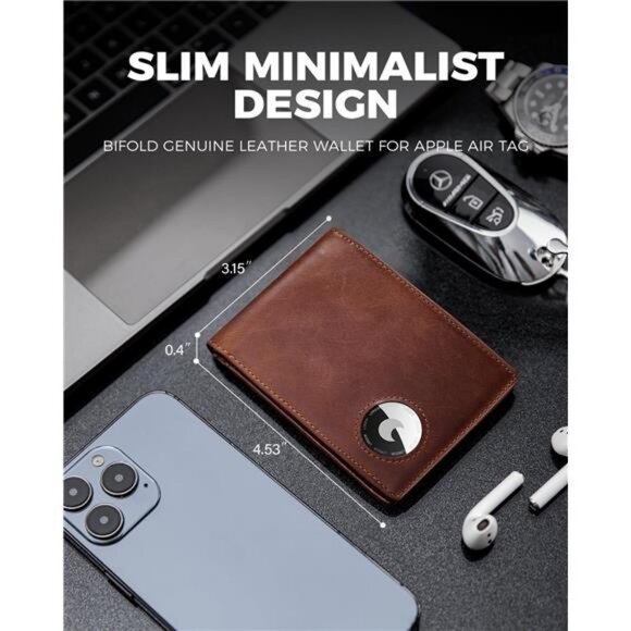 Bifold Full Grain Leather AirTag Wallet for Men, Minimalist Front Pocket Wallet - Picture 4 of 7